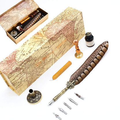 GC QUILL Antique Quill Pen Unique Half-Patterned Feather Pen Set with 6 Nibs 1 Bottle of Ink 1 Seal Stamp 1 Pen Holder 1 Sealing Wax LL-149
