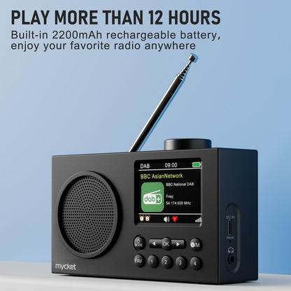 Mycket DAB Radio Portable, DAB Plus Digital Radios with Bluetooth, USB Rechargeable FM Radios, Battery Powered Small Radio,Dual Alarms Clock,Sleep Timer, 40 Presets Stations, 2.4" Large Colour Display