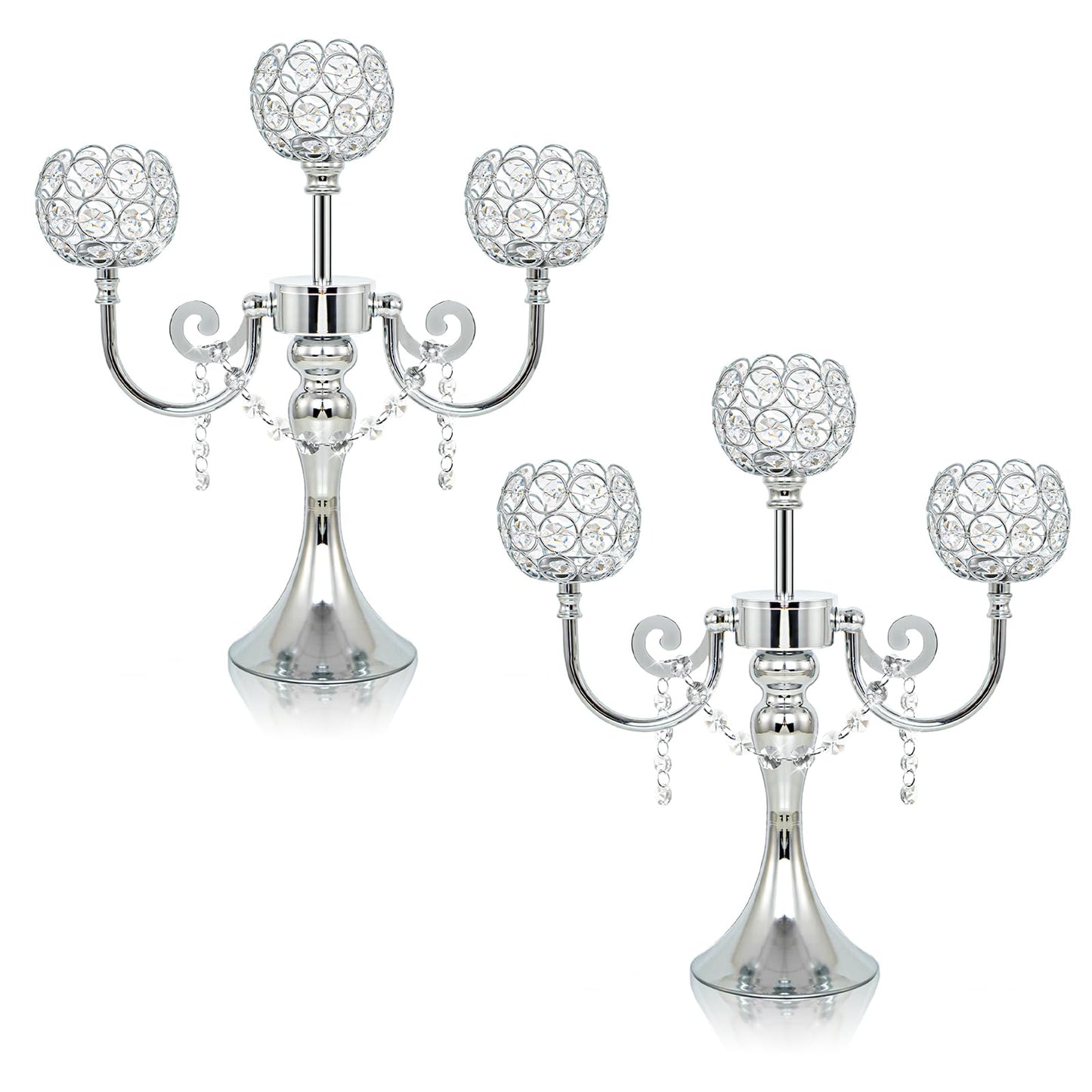 3-Arm Metal Candelabra with Crystal Bowls, Tealight Holder Centerpiece for Birthday, Dining Table, Party Decor, Christmas and Home Decoration (2, Silver)