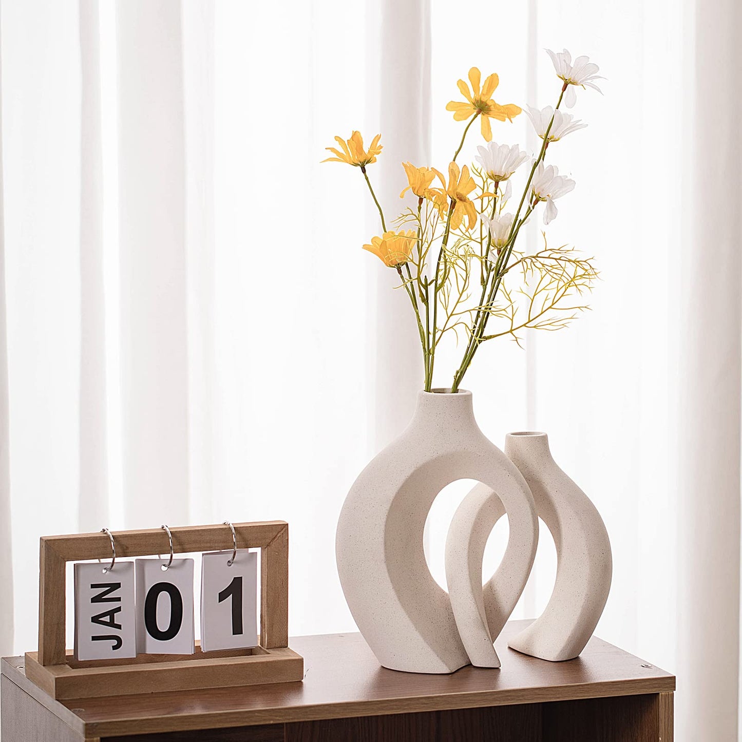 Levvohd Hollow Ceramic Vase Set of 2, Modern Nordic Minimalist Book Style Boho Aesthetic Vases for Home Decor Living Room Shelf Entryway Coffee Centerpiece Table Decorative (Cream White)