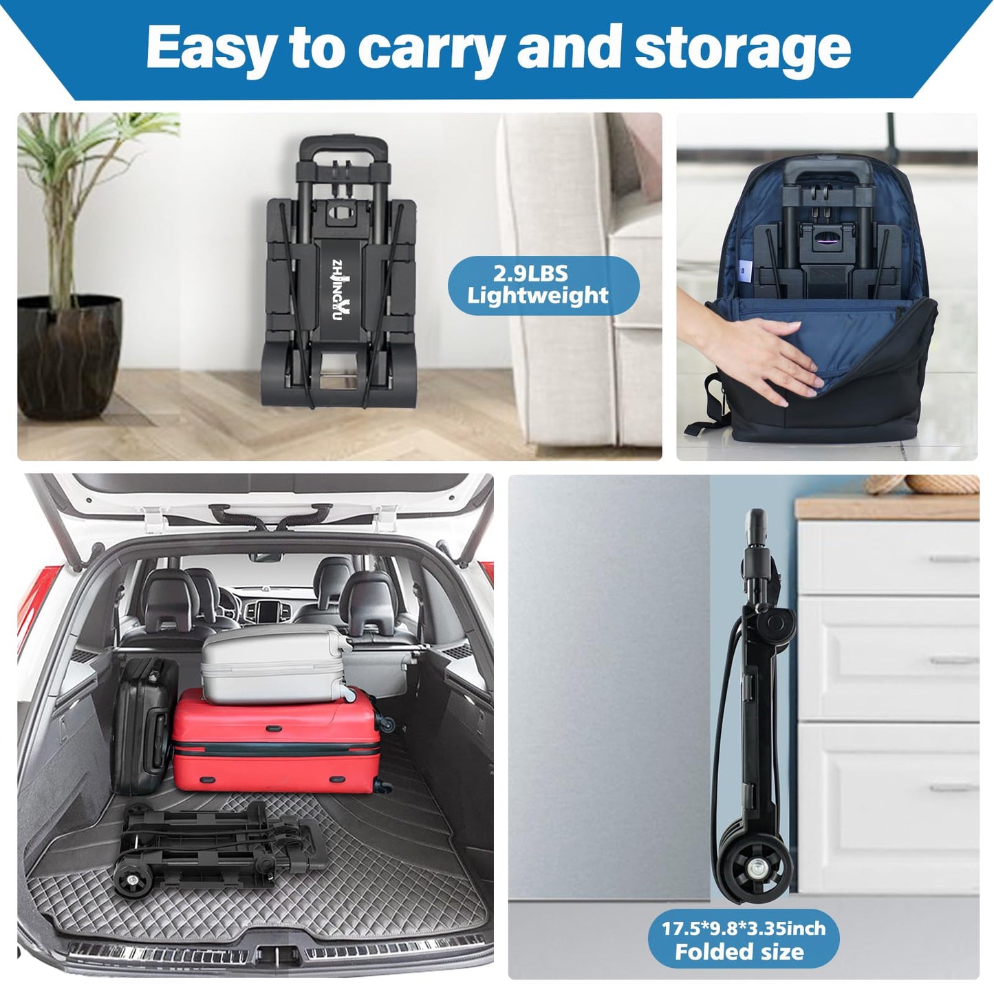 ZHJINGYU 70lbs Folding Hand Truck | Sack Barrow | Steel Foldable Trolley | Adjustable Baseplate & Bungee Cords | 2 Wheel | Folds into Backpack for Lifting Luggage Travel Auto