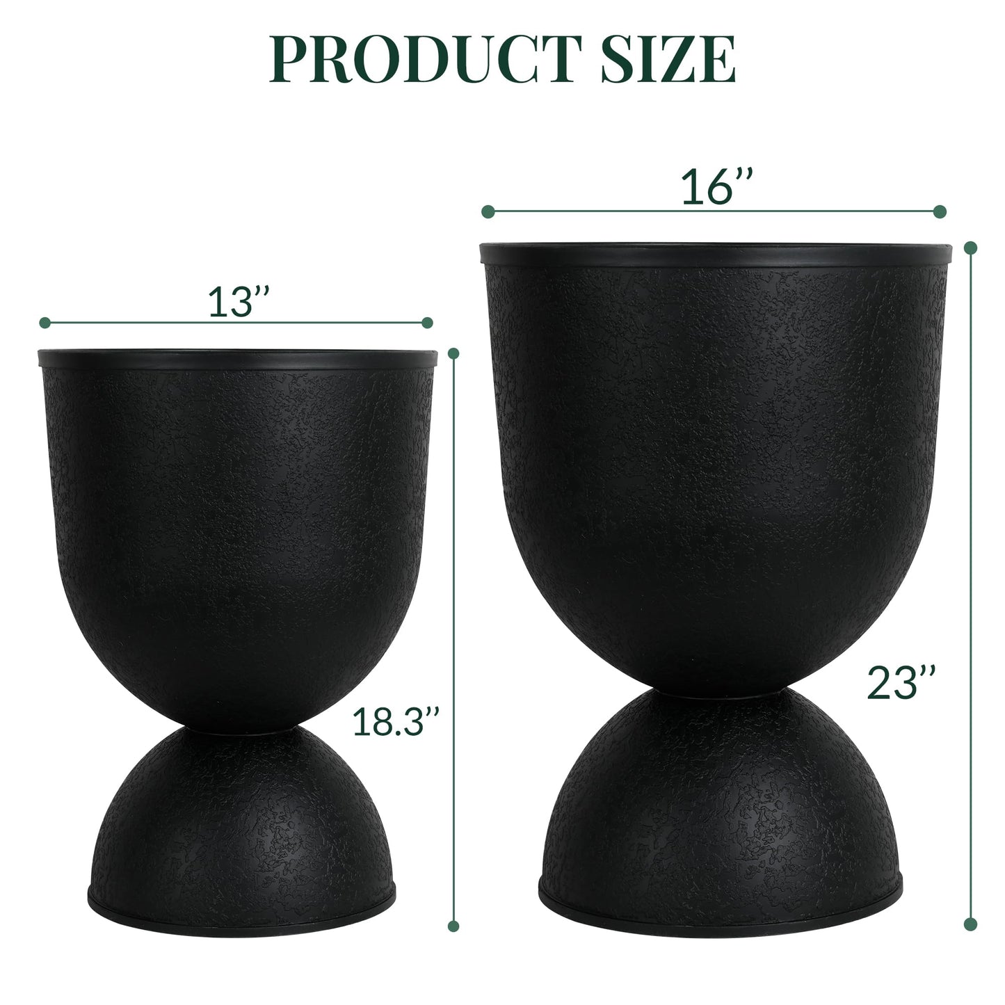 KOL Planters Flower Pots, Large Plastic Urn Planters for Indoor Outdoor Plants, Black Pedestal Planter 2 Pack, 18 Inch+23 Inch, Tall Decorative Planters with Drainage Holes & Plugs for Porch Garden