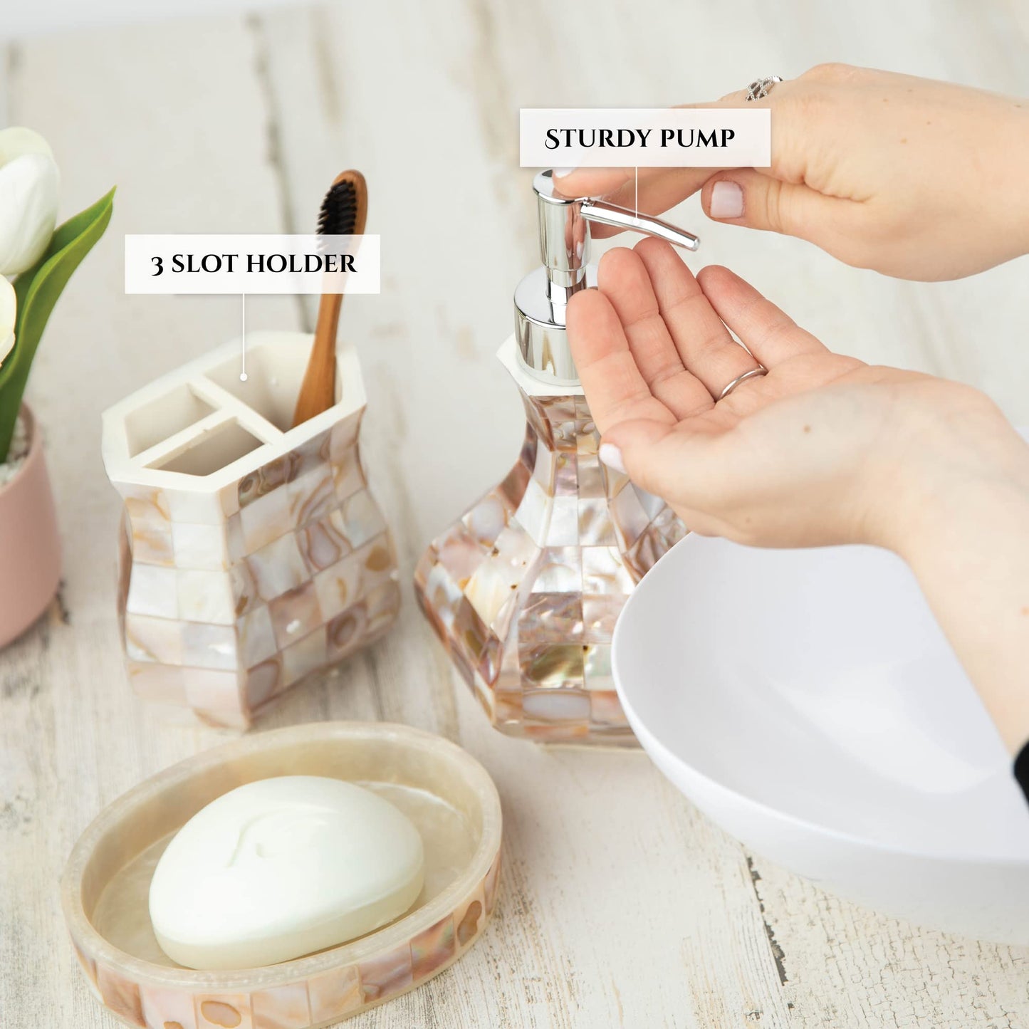 Milano Bathroom Toothbrush Holder - Decorative Bathroom Toothbrush Organizer Finished in Beautiful Mother of Pearl, 3 Slot Toothbrush Holder for Bathroom Fits Multiple Brushes