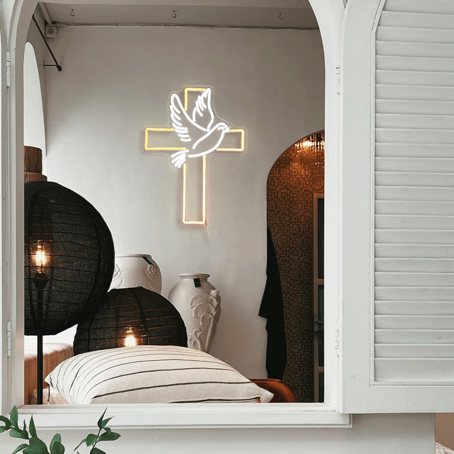 Cross Neon Sign Dimmable Led Easter Cross Neon Light For Wall Decoration White Dove of Peace Neon Light Signs USB Powered Light Up Sign For Festival Party Wedding Home Decor