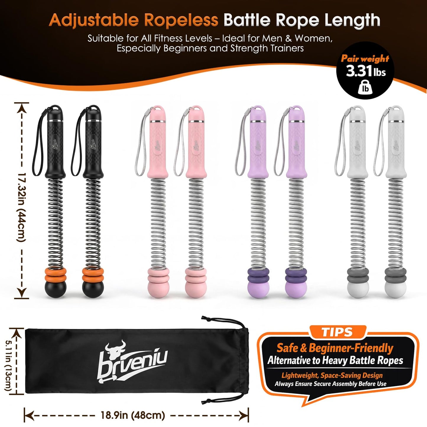 BRVENIU Ropeless Battle Rope - Portable Weighted Battle Ropes with Adjustable Weights No Anchor Design for Home Gym HIIT, Strength, Core, Full Body Workout Heavy Duty for Men & Women (Black)
