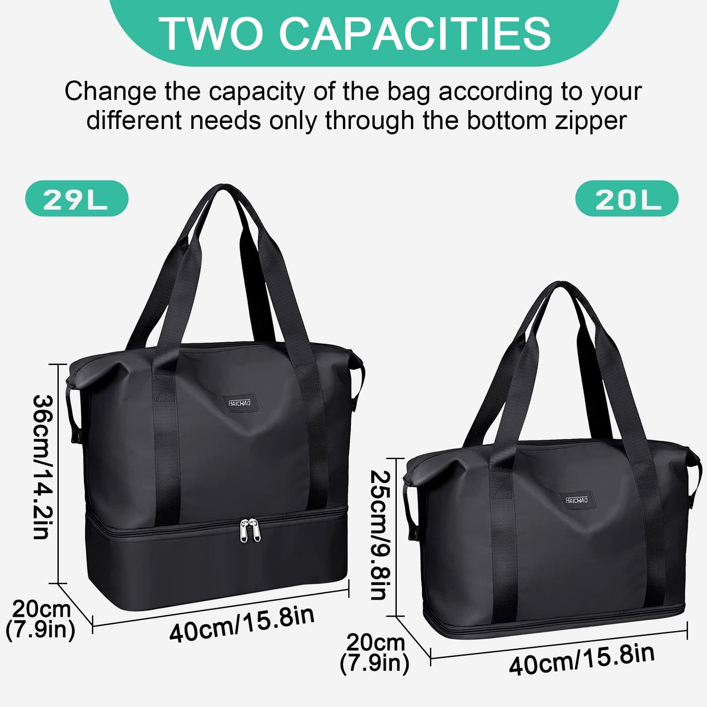 Sports Bag, Foldable Travel Bag with Shoe Compartment and Wet Compartment, CS COSDDI Water-Repellent Weekender Gym Travel Bag, Hand Luggage Bag, Training Bag for Men and Women, A1 Black, Reisetasche
