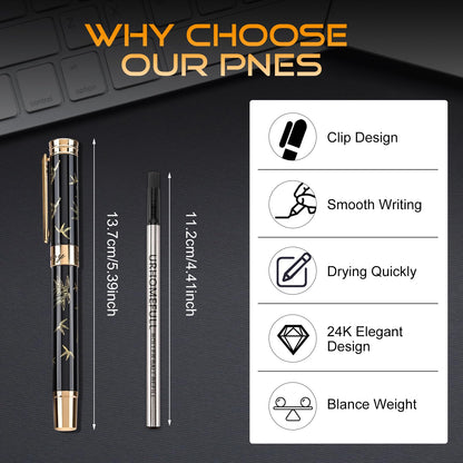 Urhomefull Black Rollerball Pens-Luxury Pens for Women Men, 24K Gold Trim Elegant Pen, Executive Gift Pen Set for Office Graduation Business Nice Roller Ball Pens