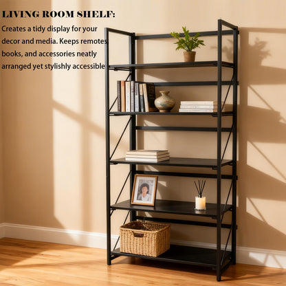 Kogven Folding Bookshelf, 2-in-1 Convertible Design, Multifunctional Plant Stand Storage Rack Shelves for Home Office, Easy Assembly, 5-Tier, Black