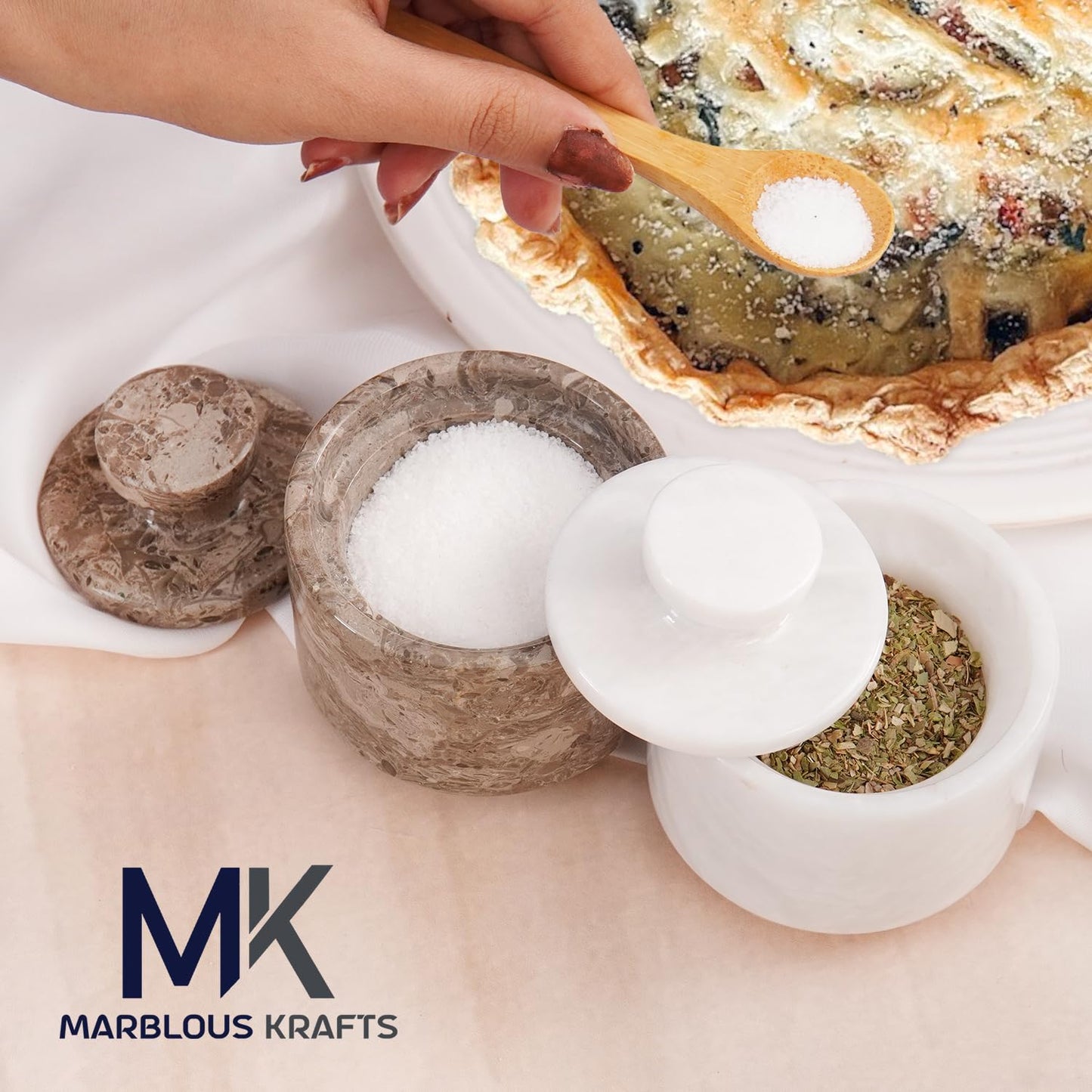 MARBLOUS KRAFTS Marble Salt Cellar with Lid 3" White and Oceanic Celtic Salt & Pepper Containers, Perfect for Home & Kitchen Countertop, Salt Dish & Sugar Bowls for Table Decor