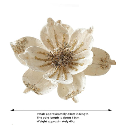 JOYO Christmas Glitter Magnolia Flowers, 10'' Poinsettia for Tree, Easy to Hang Artificial Picks (Cream, 6Pcs)