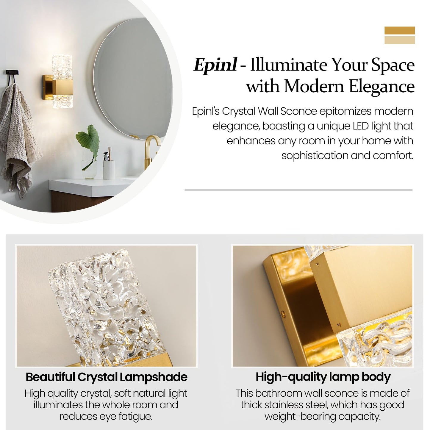 Epinl Gold Sconces Wall Lighting - Crystal Wall Sconces Set of Two Modern Bathroom Vanity Light Fixtures Hardwire Modern 4000K Dimmable LED Wall Mounted Sconces for Hallway Living Room