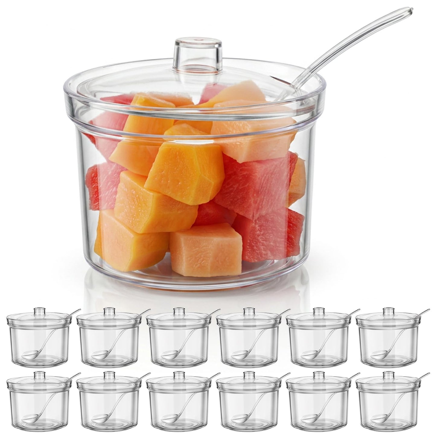 moheaaei 12 Pcs Acrylic Sugar Bowls with Lid and Spoon, Clear Plastic Condiment Jars for Kitchen, Coffee Bar, Party Supplies, 7.1 oz Bulk Storage Containers for Sugar, Salt, Spices