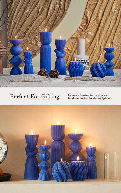 7 Pcs Large Ribbed Pillar Candles - Handmade Soy Wax Candles for Home Decor, Modern Shelf Decor, Housewarming Gift, Aesthetic Room Decor (Blue)