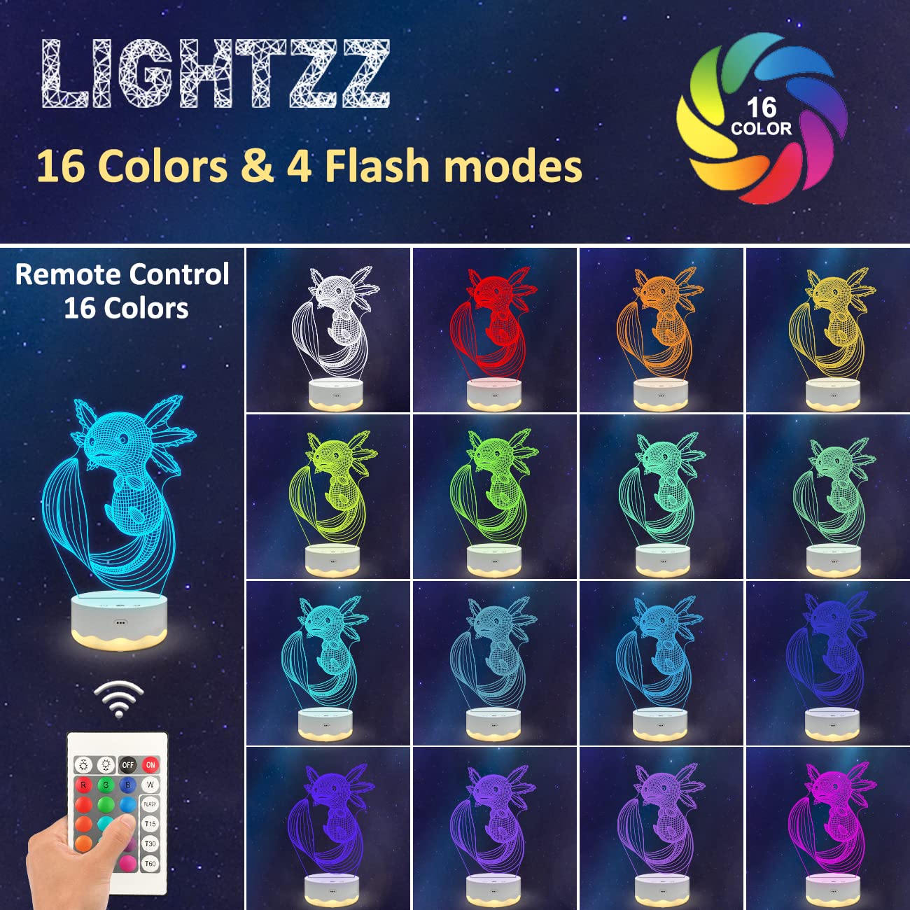 Axolotl Night Light, 3D Illusion lamp with Remote + Touch 16 Color Flashing Changing + Timer Desk Lamps Kids Room Decor Best Festival Birthday Gifts (Axolotl)