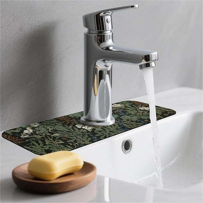 Kitchen Sink Splash Guard，Dark green forest Faucet Mat Sink Gadgets-Super