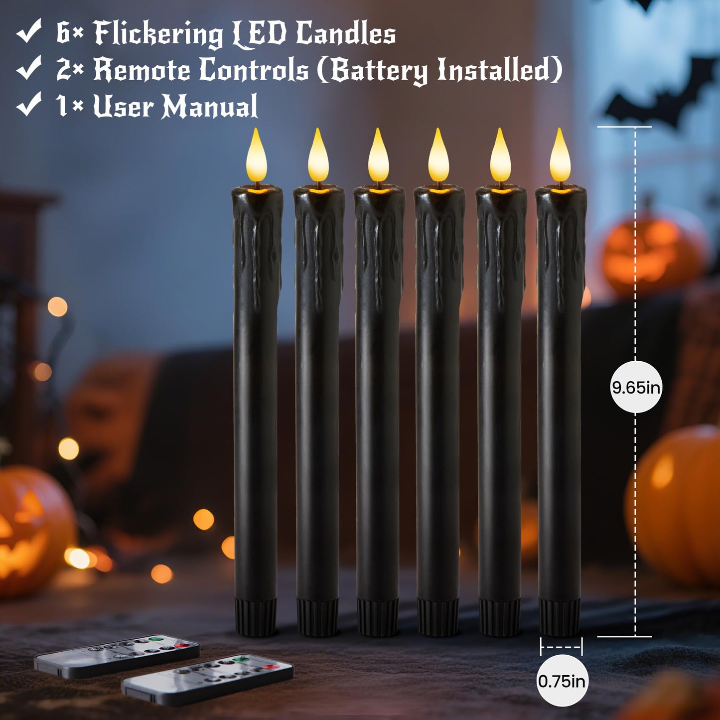 Velsyn Black Flameless Taper Candles with Remote and Timer - 9.65 Inch Real Wax LED Candlesticks - Wax Drip Battery Operated Halloween Taper Candles with 3D Flickering Flame Halloween Decor, 6 Pack