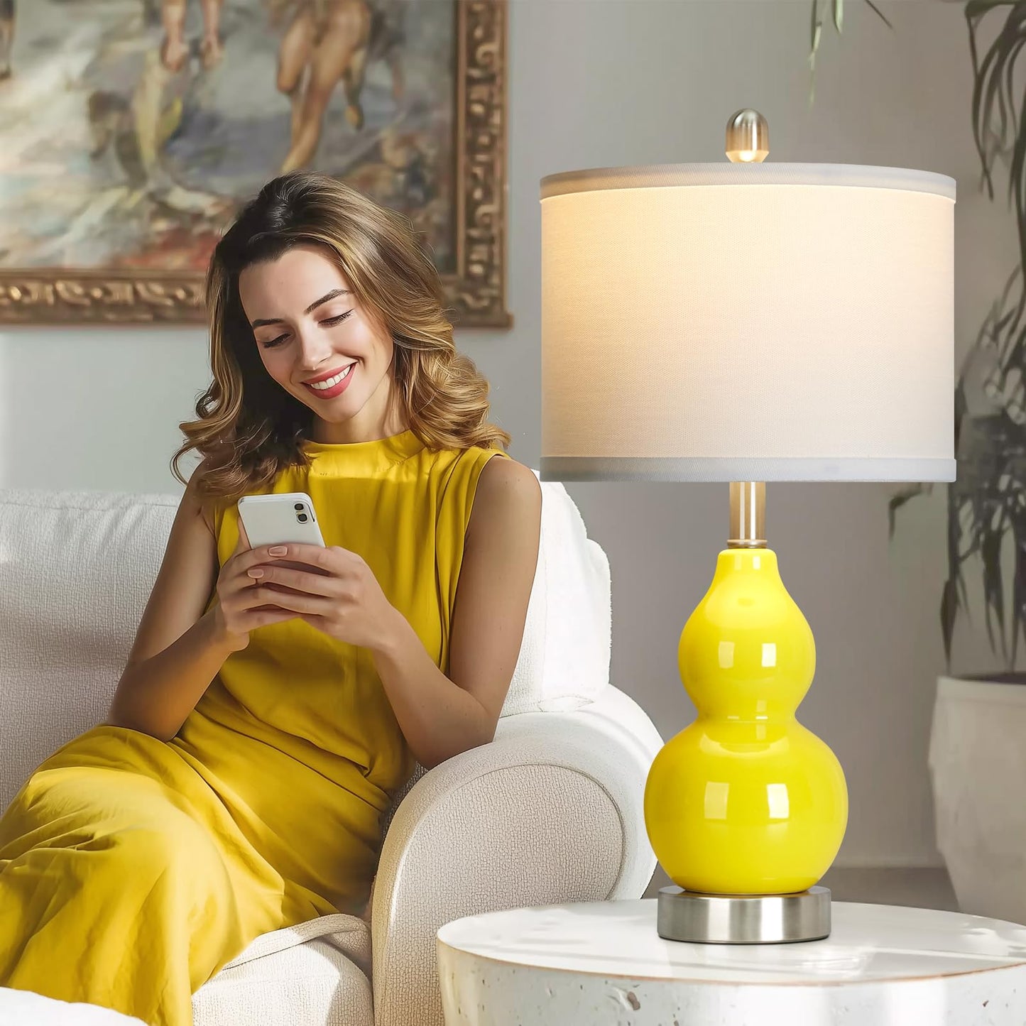 luxeflow Double Gourd Ceramic Table Lamps Set of 2, Yellow Modern Bedside Lamps for Living Room, Contemporary Nightstand Desk Lamps for Bedroom End Table Home Office Decor(2 LED Bulbs Included)