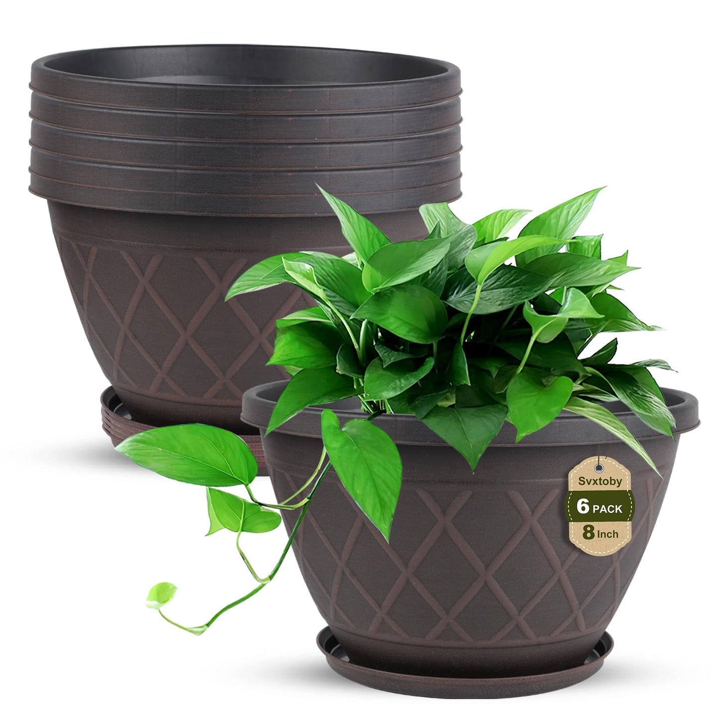 6 Pack 8 Inch Plant Pots, Planters with Drainage Holes & Saucers, Modern Imitation Diamond Pattern Design Plastic Flower Pots for Indoor & Outdoor Plants, Succulents, Flowers, and Herbs (Brown)
