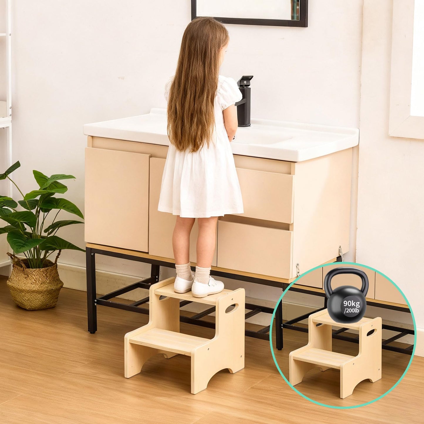 Wooden Toddler Step Stool for Kids, Two Step Stool with Non-Slip Pads & Handles, Potty Training Stool for Bathroom Sink, Toilet, Kitchen, Bedroom (Natural)