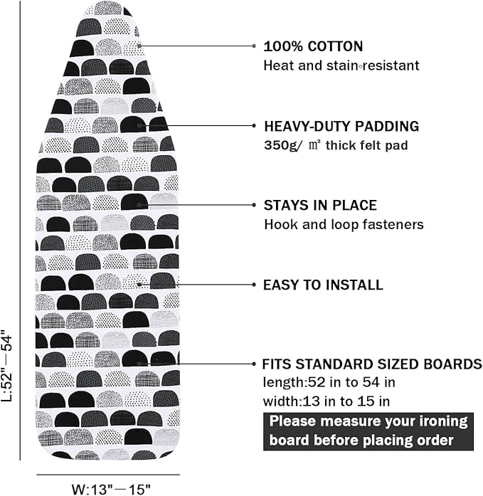 Ironing Board Cover and Pad Standard Size 15" x 54", 3 Pairs of Hook and Loop