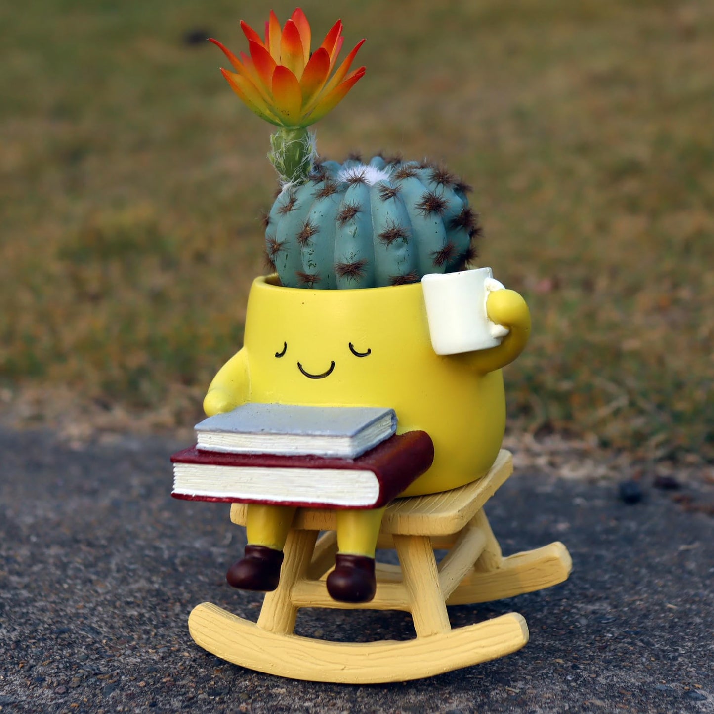 Dolkgy Funny Planters for Indoor Outdoor Plants, Adorable Rocking Chair Drinking Coffee Book Face Plant Pots, Unique Yellow Head Planters Flower Vase Succulent Pots