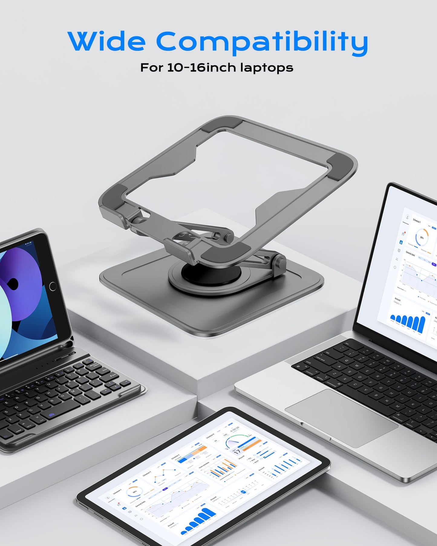 Adjustable Laptop Stand, Computer Stand with 360 Rotating Base, Ergonomic Laptop Riser Mount for Desk Foldable Protable Computer Desk Fits with MacBook Pro Air (10-16") - Black