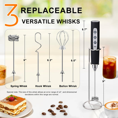 YUSWKO Black Handheld Milk Frother Wand for Coffee, Rechargeable Electric Whisk with 3 Heads 3 Speeds Drink Mixer Coffee Frother For Latte, Cappuccino, Hot Chocolate, Egg