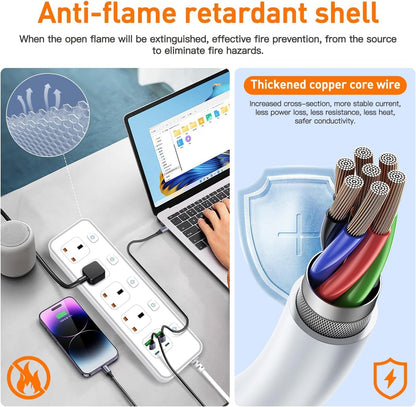 AUNNO Extension Lead with USB Slots, 4 Way Sockets Outlets with 4 USB-C Ports and 2 USB Ports, 1.8M Extension Cable with Switch Surge Protected Power Strips, UK Multi Plug Adapter Electrical Cords