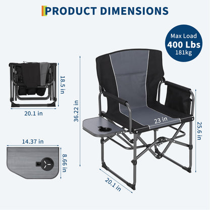 GarveeLife Oversized Directors Camping Chair Set of 2, Portable Folding Chair for Adults Support 400 LBS, Heavy Duty Lawn Chair with Side Table, for Camping, Sports, Picnic, Beach, Fishing, Black