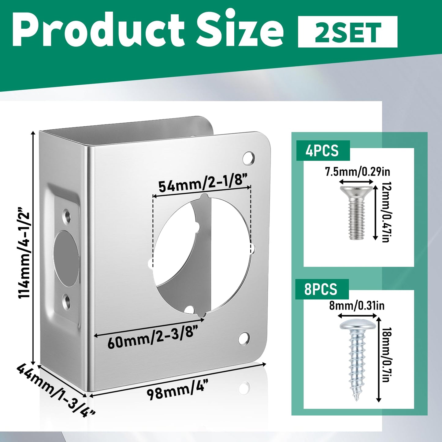 2 Pcs Stainless Steel Lock and Door Reinforcement Plate 1-3/4-Inch Thick by 2-3/8-Inch Backset 2-1/8-Inch Bore Door Reinforcement Plate for Reinforcing and Repairing Doors, Silver