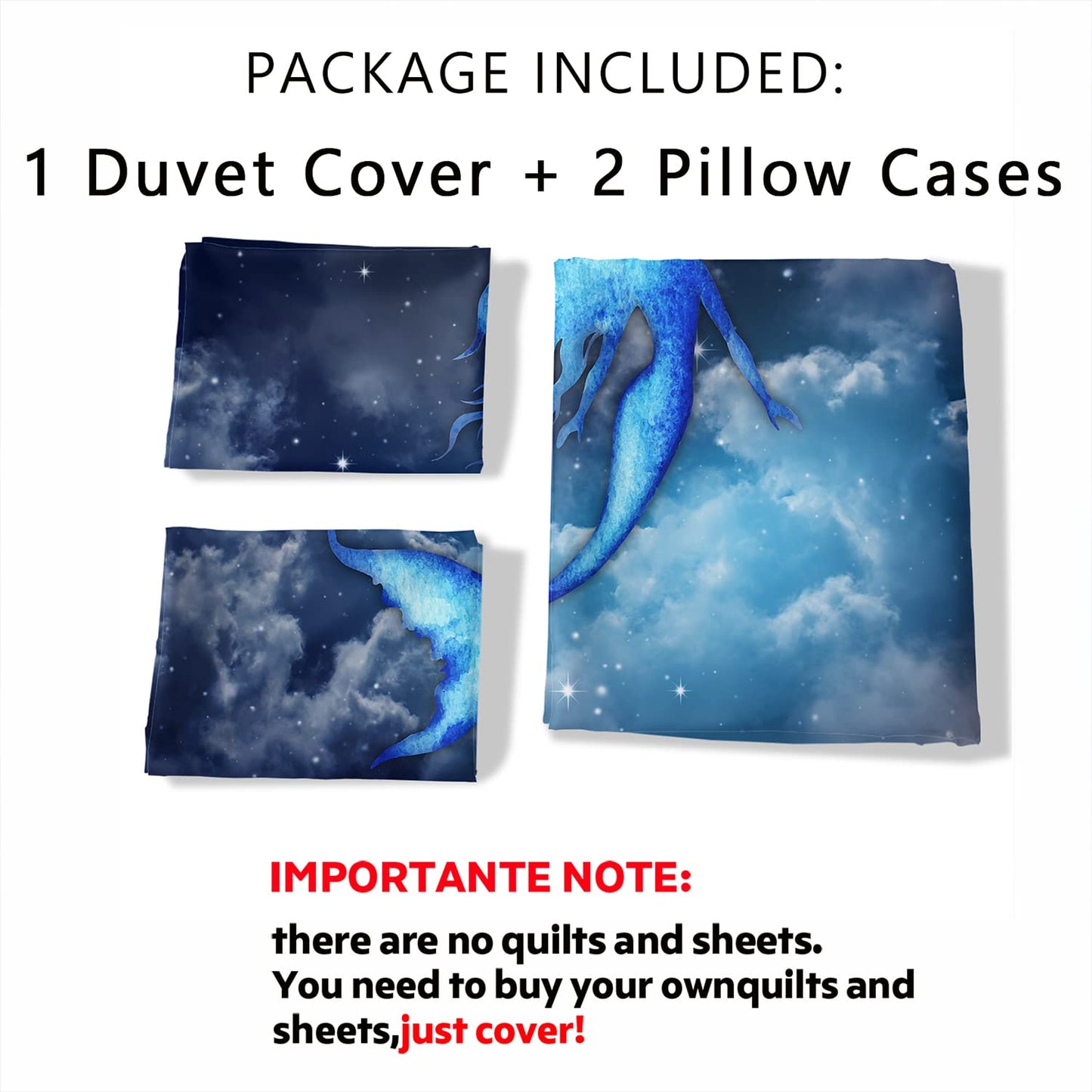 CVHOUSE Mermaid Duvet Cover King Size,Sky Cloud Mermaid Bedding Set for Girls Kids Teens,Blue Comforter Cover,1 Duvet Cover 2 Pillowcases 3 Piece
