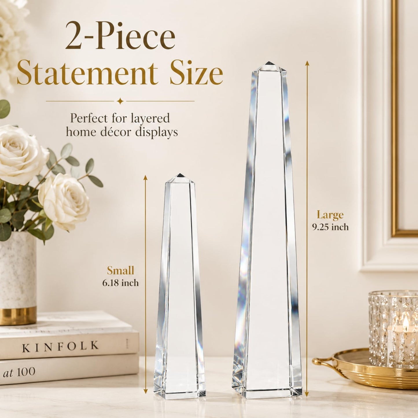 Novabright Crystal Obelisk Towers - 2 Pcs 9.25 Inch & 6.18 Inch Optical Crystal Decoration Set, Ideal for Farmhouse, Modern, and Home Decor for Mantel, Vanity, Side Table, Shelf, and Office Styling