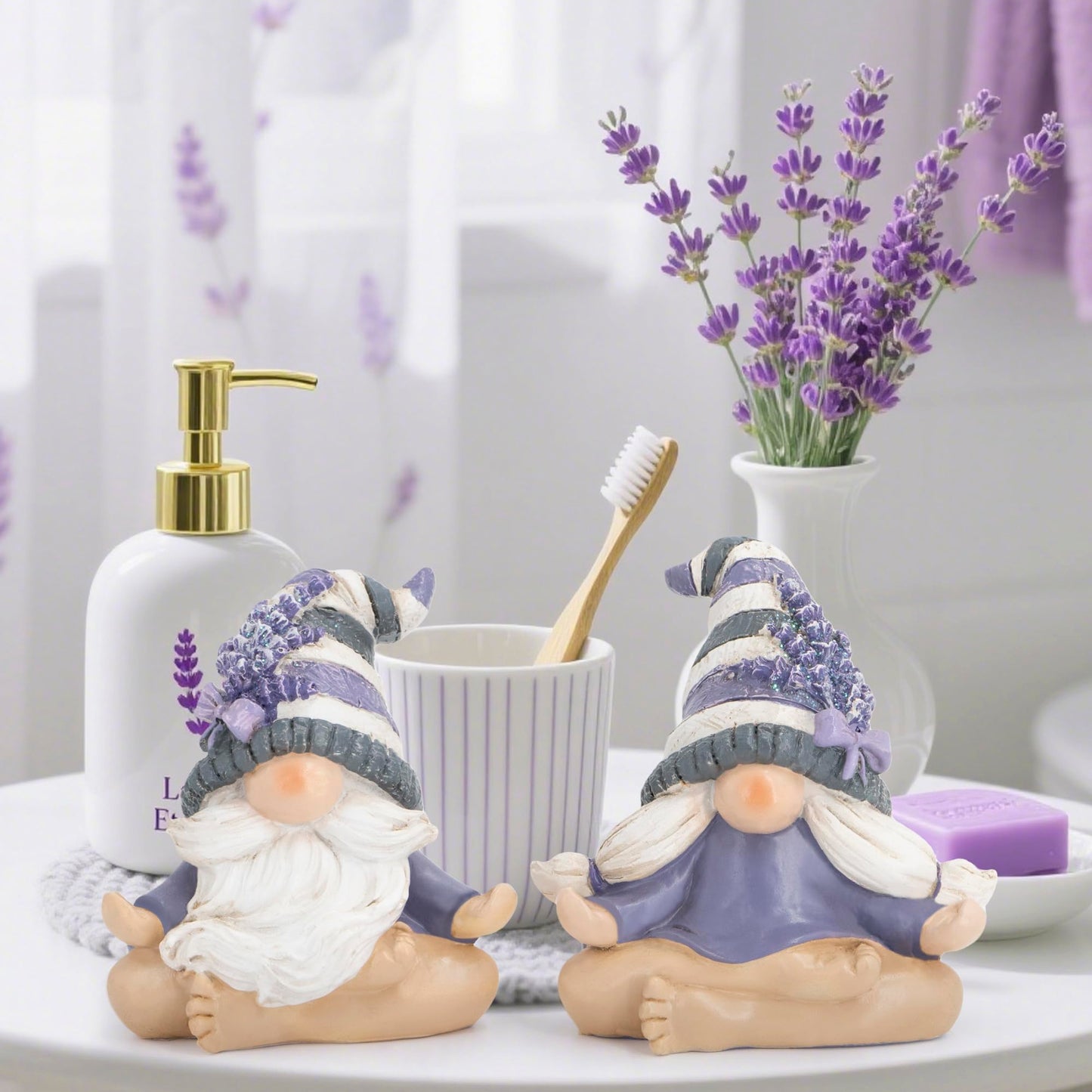 Hodao 2PCS Zen Lavender Meditation Gnomes Figurines Set- Yoga Themed Inspired Home Table & Shelf Decor for Relaxation & Serene Living Spaces Yoga Lavender Decor Retirement Gifts for Women