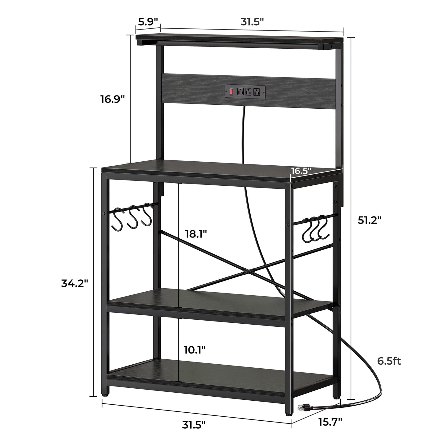 SUPERJARE Kitchen Bakers Rack with Power Outlet, Coffee Bar Table 4 Tiers, Kitchen Microwave Stand with 6 S-shaped Hooks, Storage Shelf Rack for Spices, Pots and Pans - Rustic Brown