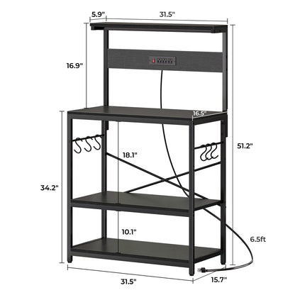 SUPERJARE Kitchen Bakers Rack with Power Outlet, Coffee Bar Table 4 Tiers, Kitchen Microwave Stand with 6 S-shaped Hooks, Storage Shelf Rack for Spices, Pots and Pans - Rustic Brown