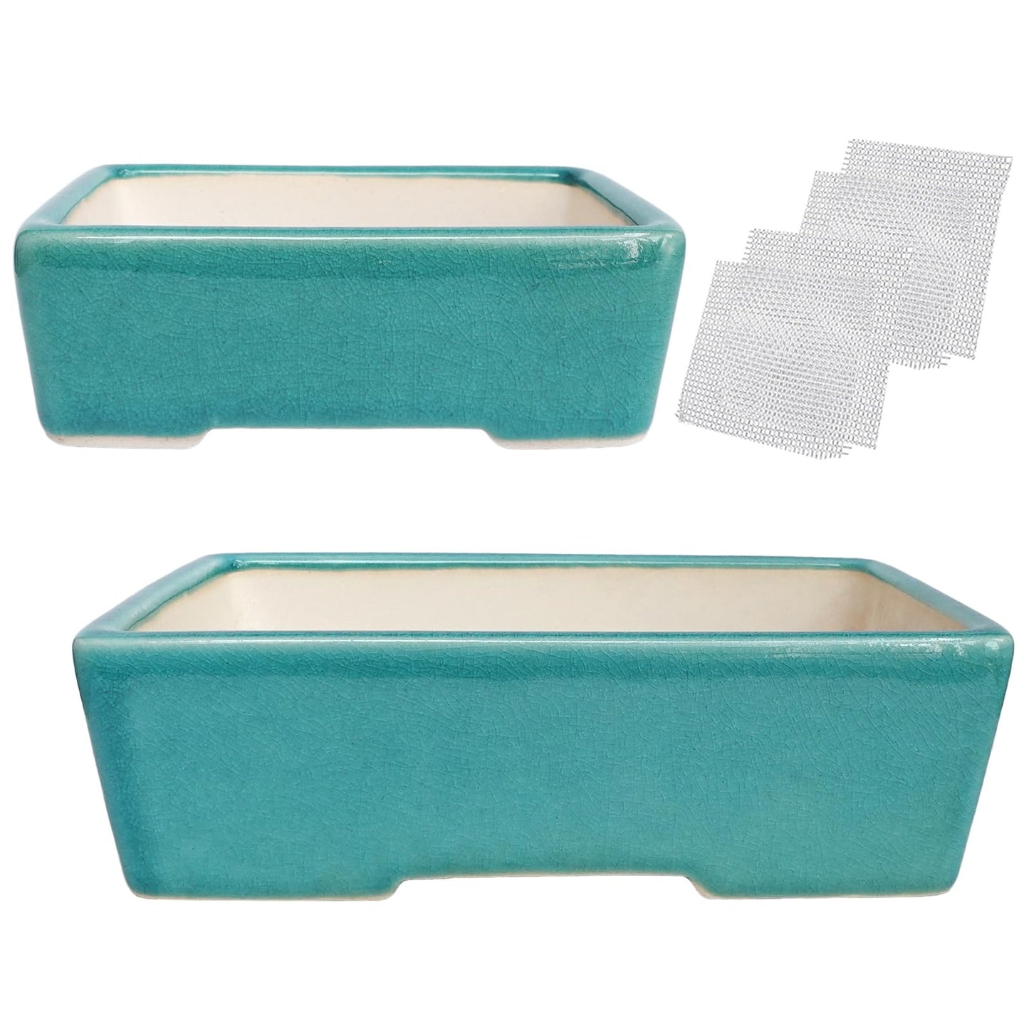 Set of 2 Zisha White Clay Bonsai Pot Glazed Shallow Succulent Planter Blue