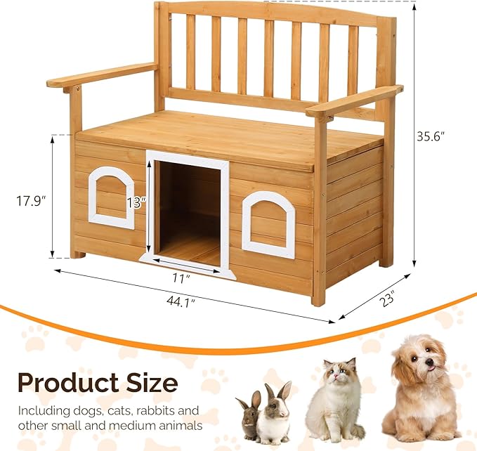 VINGLI Outdoor Storage Bench with Built-in Dog House, 2-in-1 Outdoor Waterproof Patio Bench with Pet Kennel for Patio Backyard Porch (Natural)