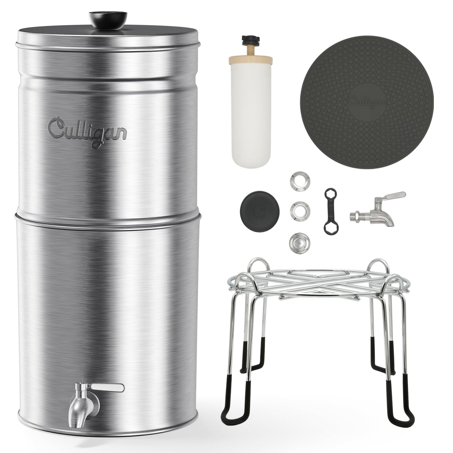 Culligan MaxClear 3 Gallon Gravity Water Filter System, Brushed Stainless-Steel Countertop Water Filter NSF/ANSI Certified to Reduce Microplastics, Lead & Total PFAS, with 3 Ceramic Filters
