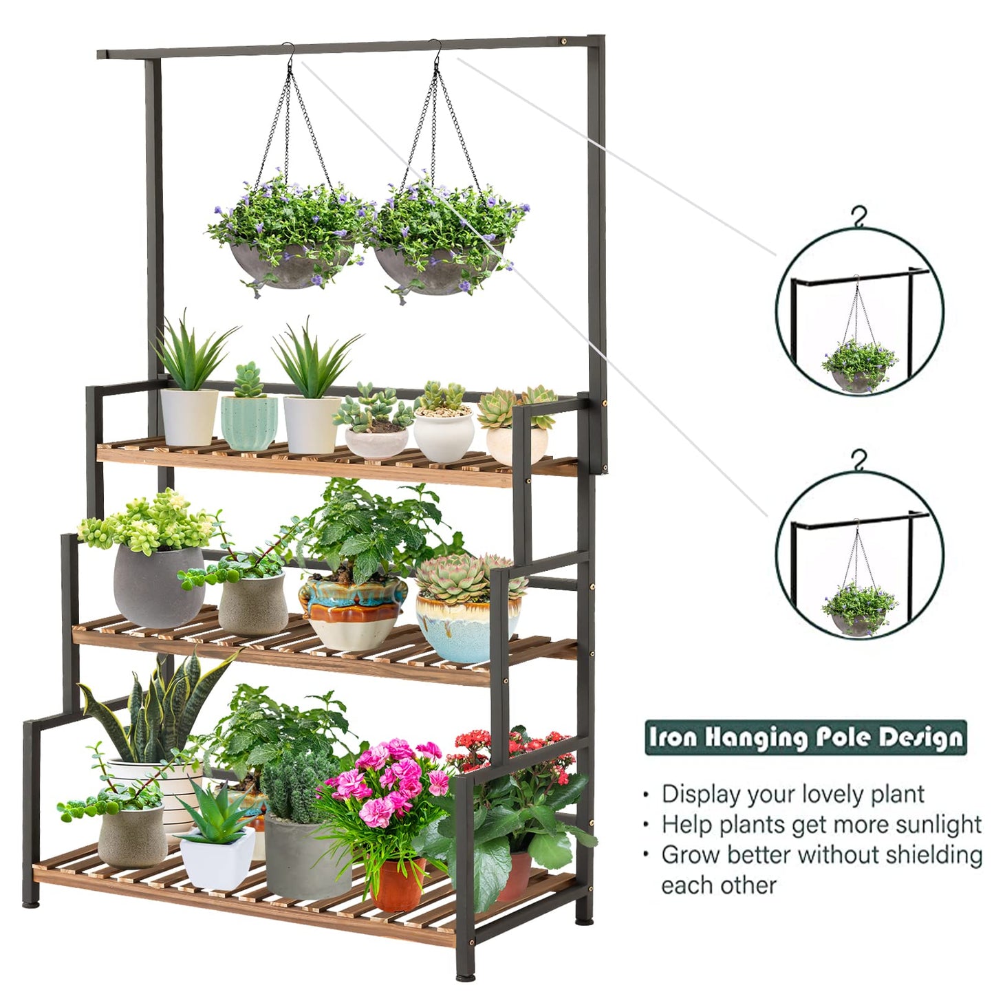 ULIKE Plant Stand Outdoor Indoor Hanging Plant Shelf for Multiple Plants 3 Tier Tall Plant Stand Wood Rack with Metal Frame for Patio Garden Balcony