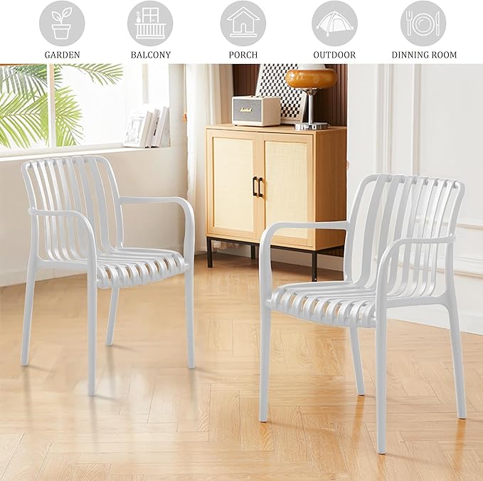 Patio Dining Chairs Set of 4, All-Weather Outdoor and Indoor Stackable Chairs with Curved Back, Waterproof for Patio, Deck, Porch, Backyard, Restaurant & Cafe Use, White