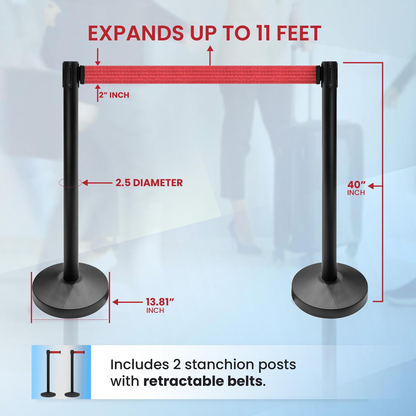 Crowd Control Warehouse Set of 2 Stanchion Retractable Belt Barriers, 11 Foot Red Belt Barrier with 40” Black Posts, Premium Crowd Control Barriers with Heavy Duty Concrete Base, CCW Series RBB-100