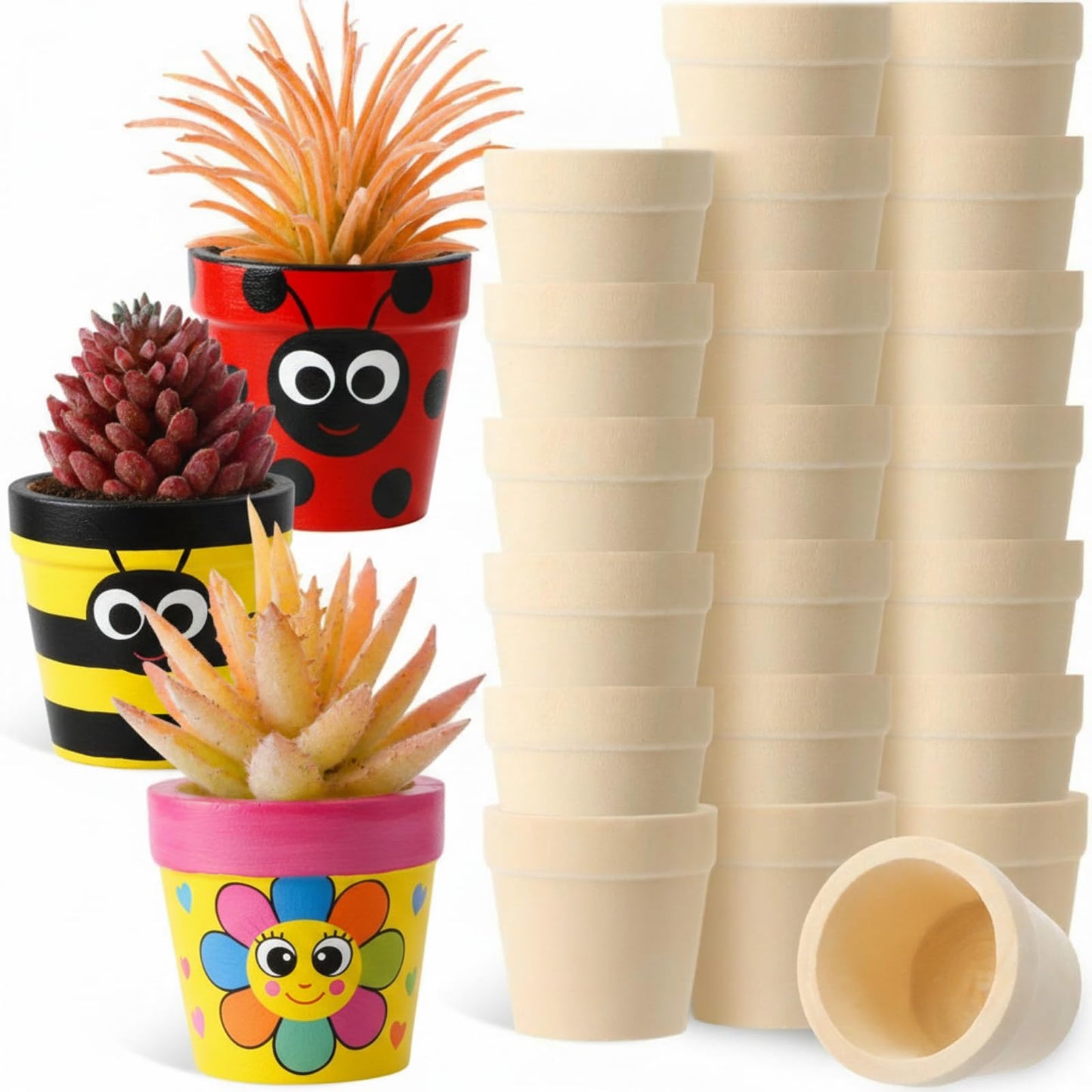 DoubleFill 24 Pack 1.8 Inch Easter Mini Craft Flower Pots, Spring Cactus Flower Nursery Wood Pots for Indoor/Outdoor Succulent Plants, Crafts, Wedding Favors, Employees Friends Coworkers Gifts