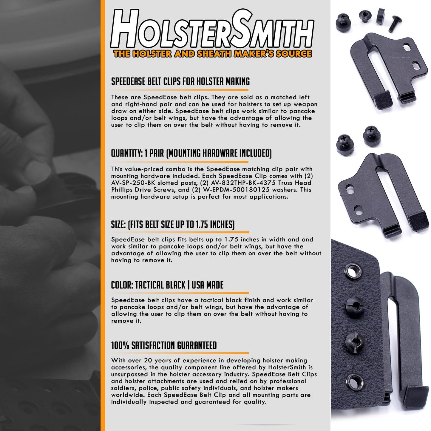 HolsterSmith Holster Belt Clips - SpeedEase Design - (Fits 1.50 inch Belts) - USA Made - Black - (with Mounting Hardware) - (1 Pair) - for Holster Making & Hobby