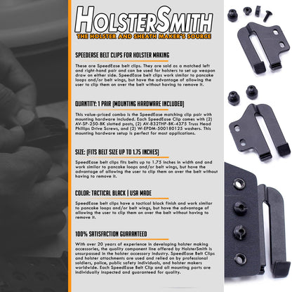 HolsterSmith Holster Belt Clips - SpeedEase Design - (Fits 1.50 inch Belts) - USA Made - Black - (with Mounting Hardware) - (1 Pair) - for Holster Making & Hobby