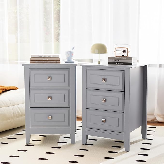 Bonnlo Gray Nightstands Set of 2, 3 Drawer Nightstand, Modern Night Stand