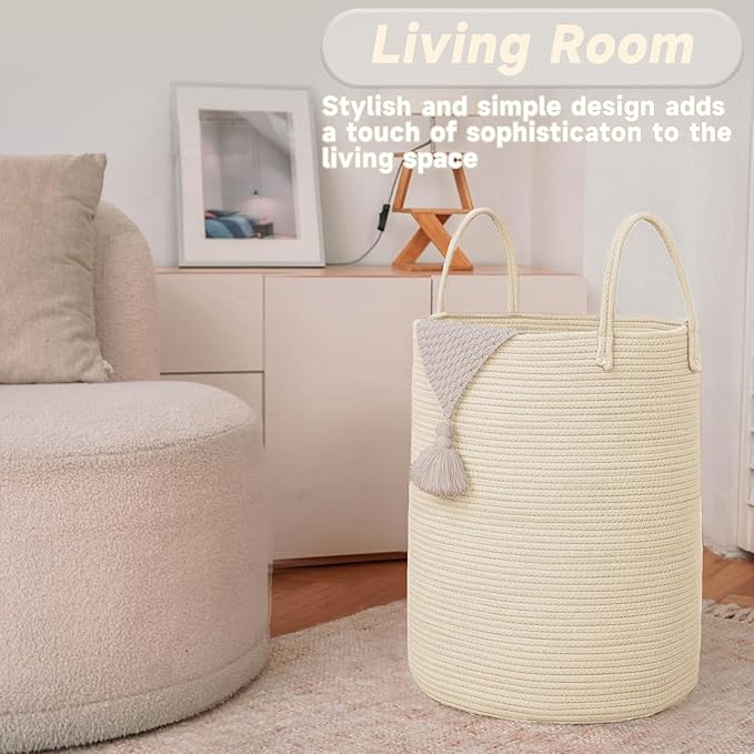 Large Woven Laundry Basket Hamper, 80L Cotton Rope Storage Bin