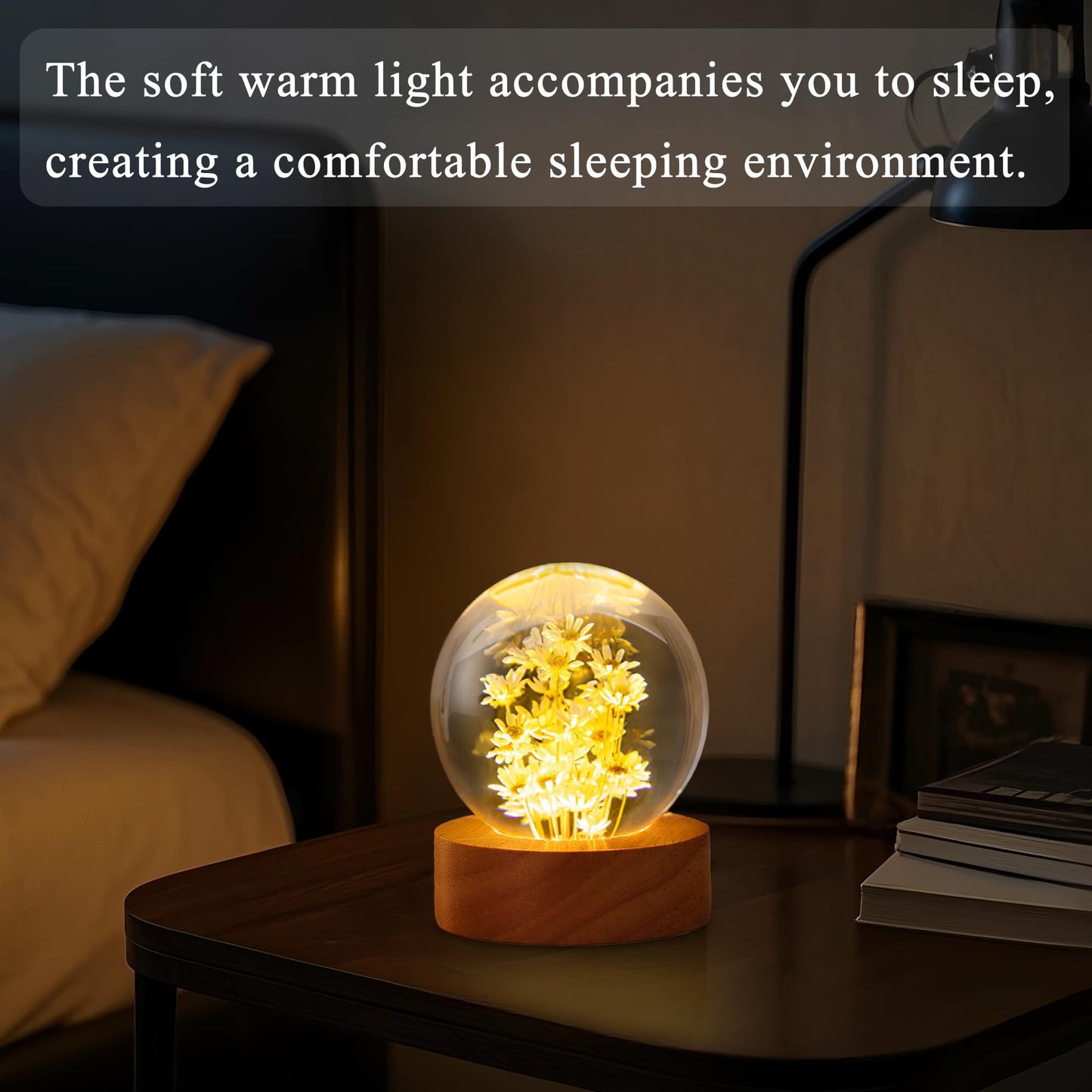 Daisy Decor Gifts,Daisy Flower Lamp Crystal Ball Night Light,2.4 Inch Glass Ball Lamp with LED Wooden Base,Soft Warm White Lighting for Women Best Friends Sister Birthday Xmas Aesthetic Gift(Yellow)