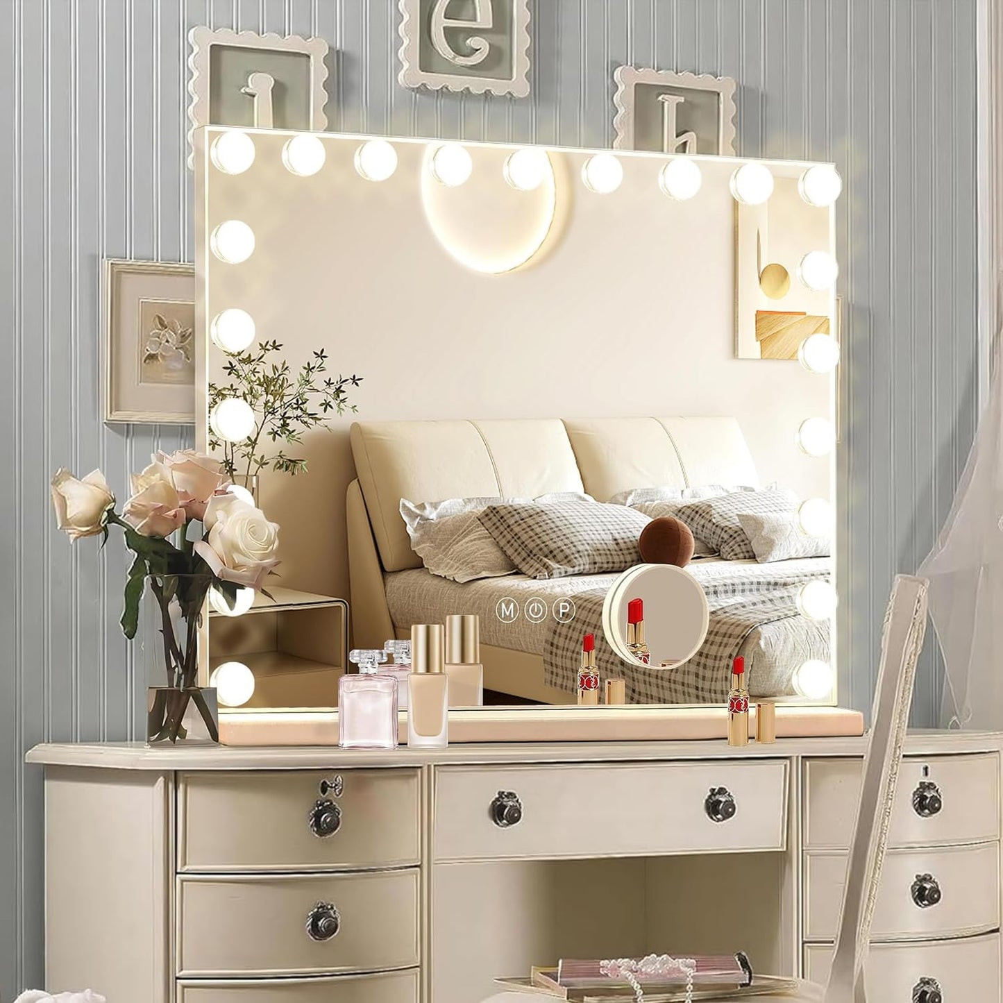 Hollywood Vanity Mirror with Lights, 15 Dimmable Bulbs, 3 Color Lights,Make Up Lighted Mirror, Aluminum Metal Frame, USB Charging Port（23" x 18"）