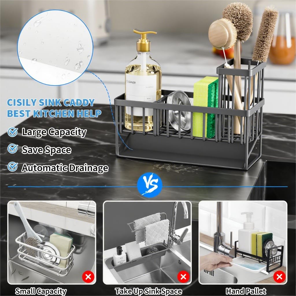 Cisily Kitchen Sink Caddy Organzier with High Brush Holder, Sponge Holder for Sink, 304 Rustproof Stainless, Kitchen Countertop Soap Dispenser Organizer, Kitchen Decor and Accessories