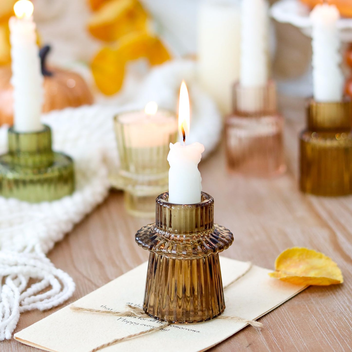 SYFURNIX Brown Candlestick Holders 12PCS Ribbed Glass Taper Candle Holders Set for Tealight Candlestick Candles, Table Centerpieces for Thanksgiving Christmas Farmhouse Decor Indoor and Outdoor